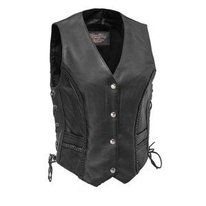 Ladies Lace Side Leather Vest with Gun Pockets and Trimmed In Braid